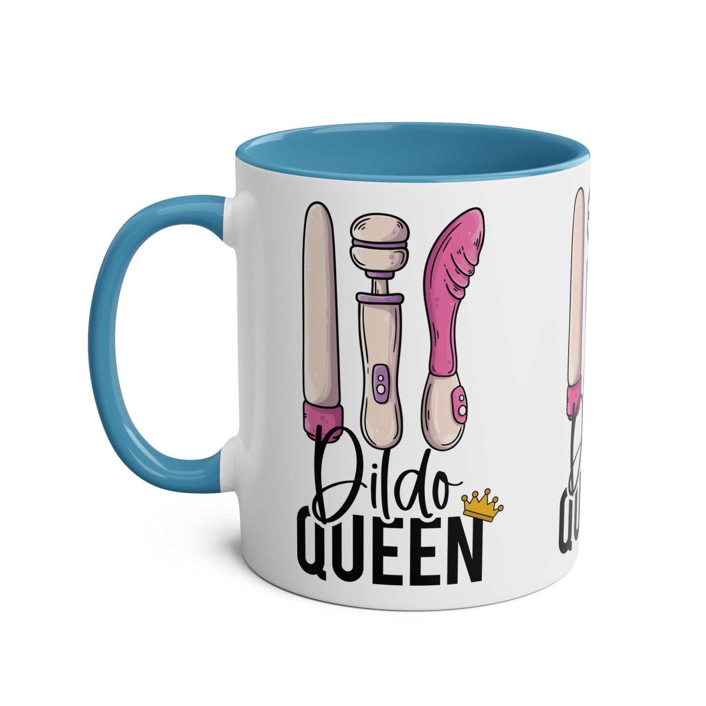 Dildo Queen Coffee Mug with fun design, blue interior, and handle.