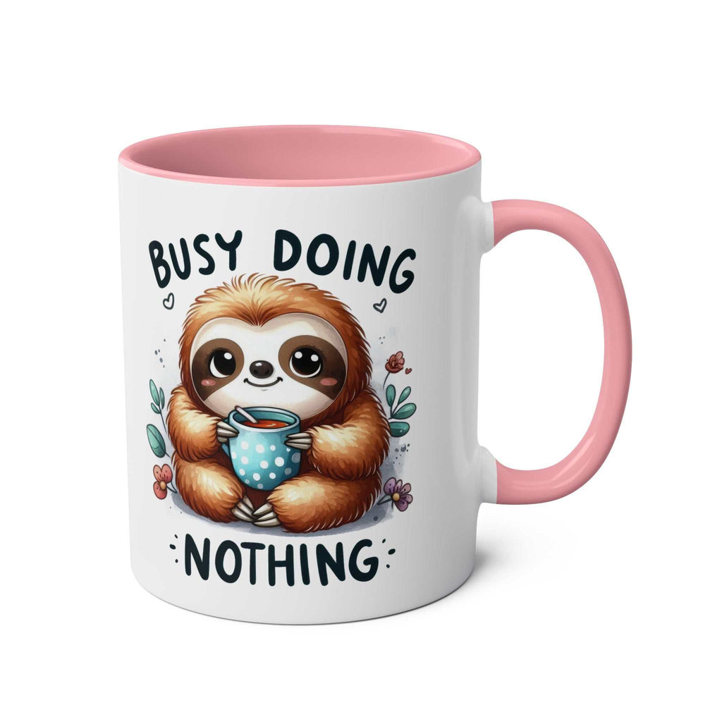 Cute sloth coffee mug with whimsical design, pink handle, and interior.
