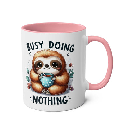 Cute sloth coffee mug with whimsical design, pink handle, and interior.