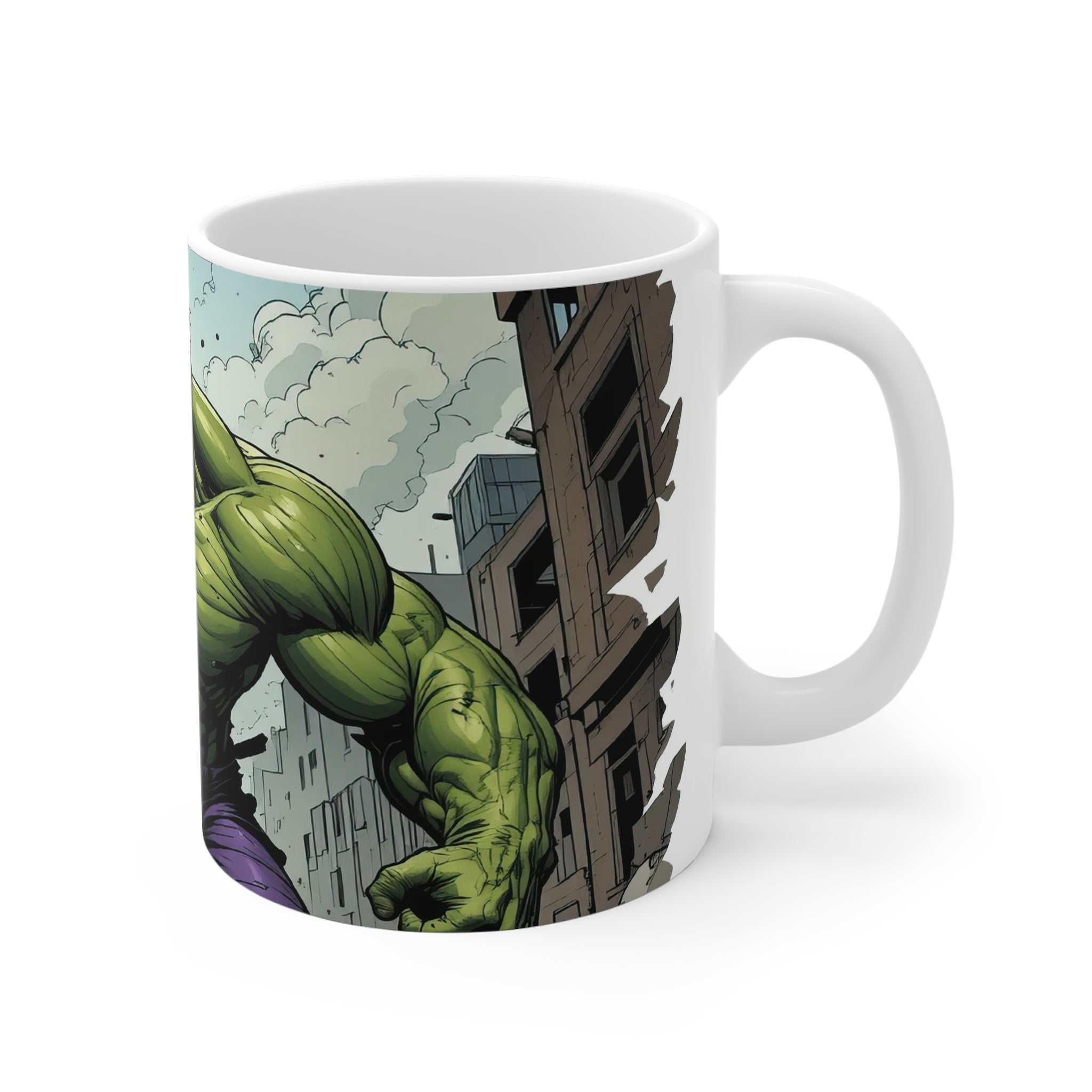 White ceramic mug featuring a vibrant Hulk superhero design with a glossy finish, microwave and dishwasher safe, 11oz capacity.