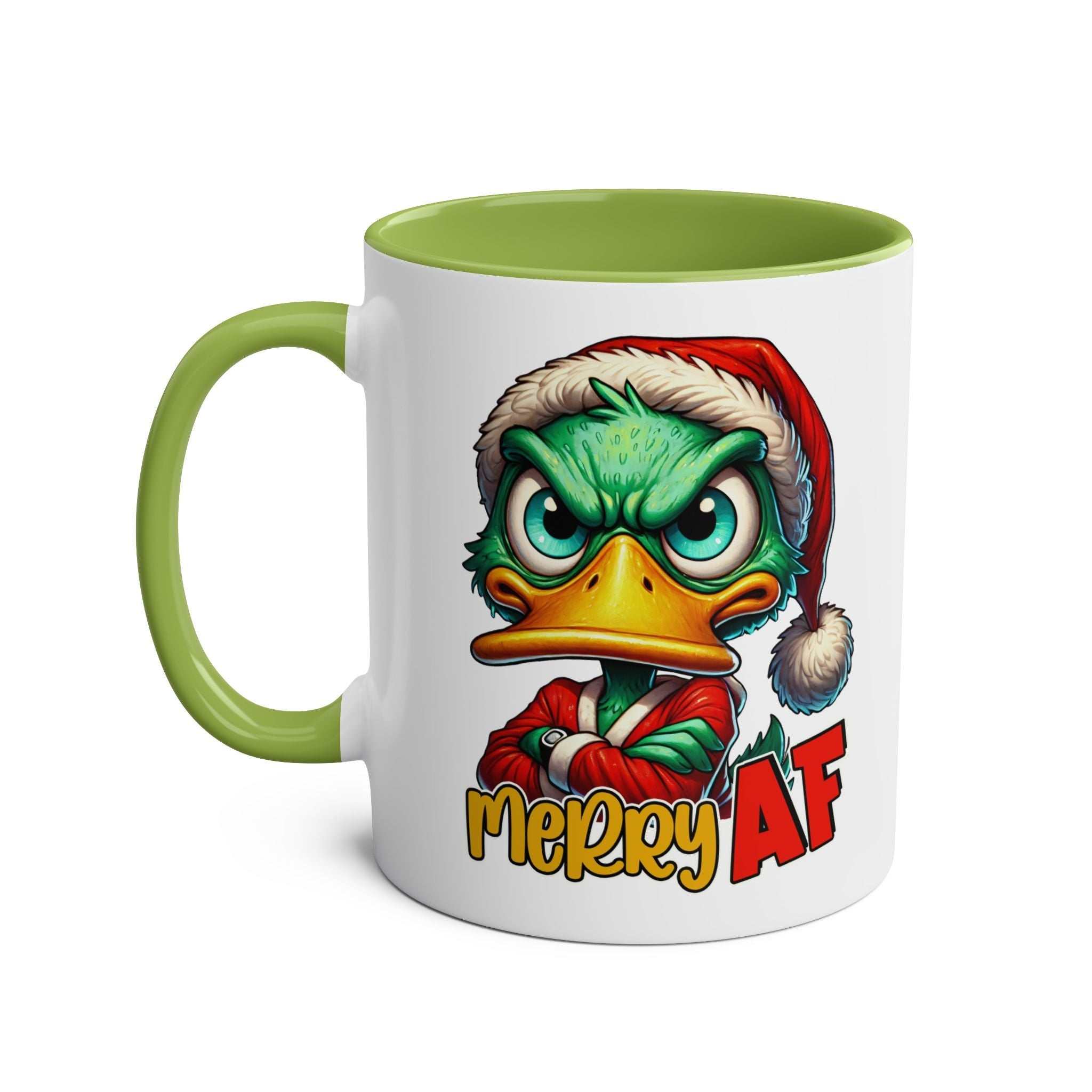 Novelty Christmas mug with sassy duck design in Santa hat, available in 7 colors, ceramic, microwave and dishwasher safe.