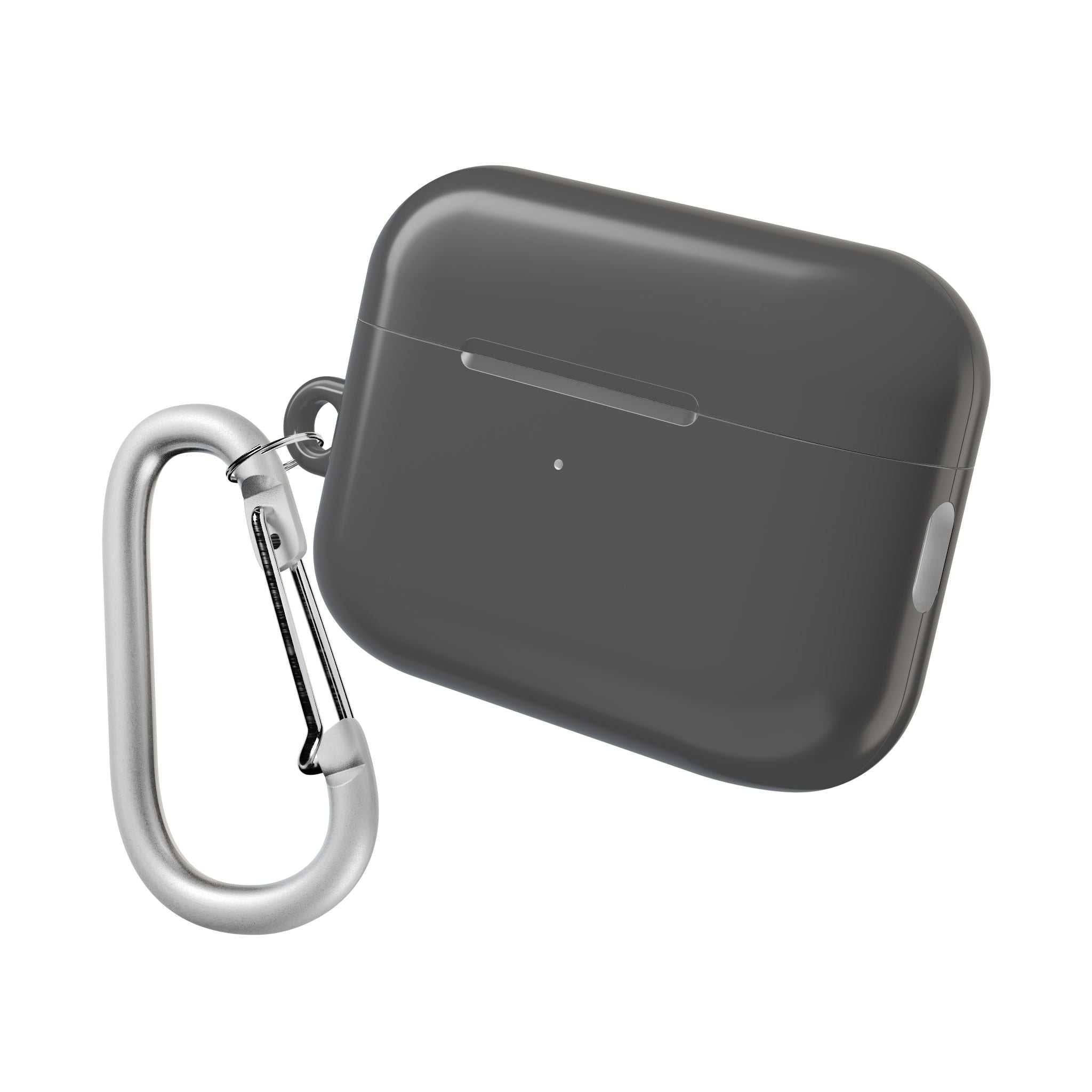 Gunmetal grey hard shell AirPods protective case with carabiner clip, durable and lightweight design