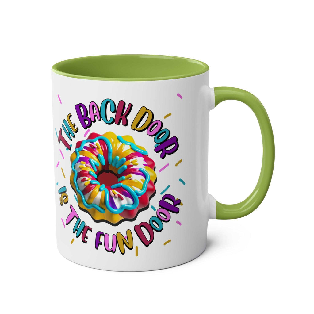 The Back Door is the Fun Door Mug with cheeky text and vibrant colors, perfect for funny gifts and morning coffee.