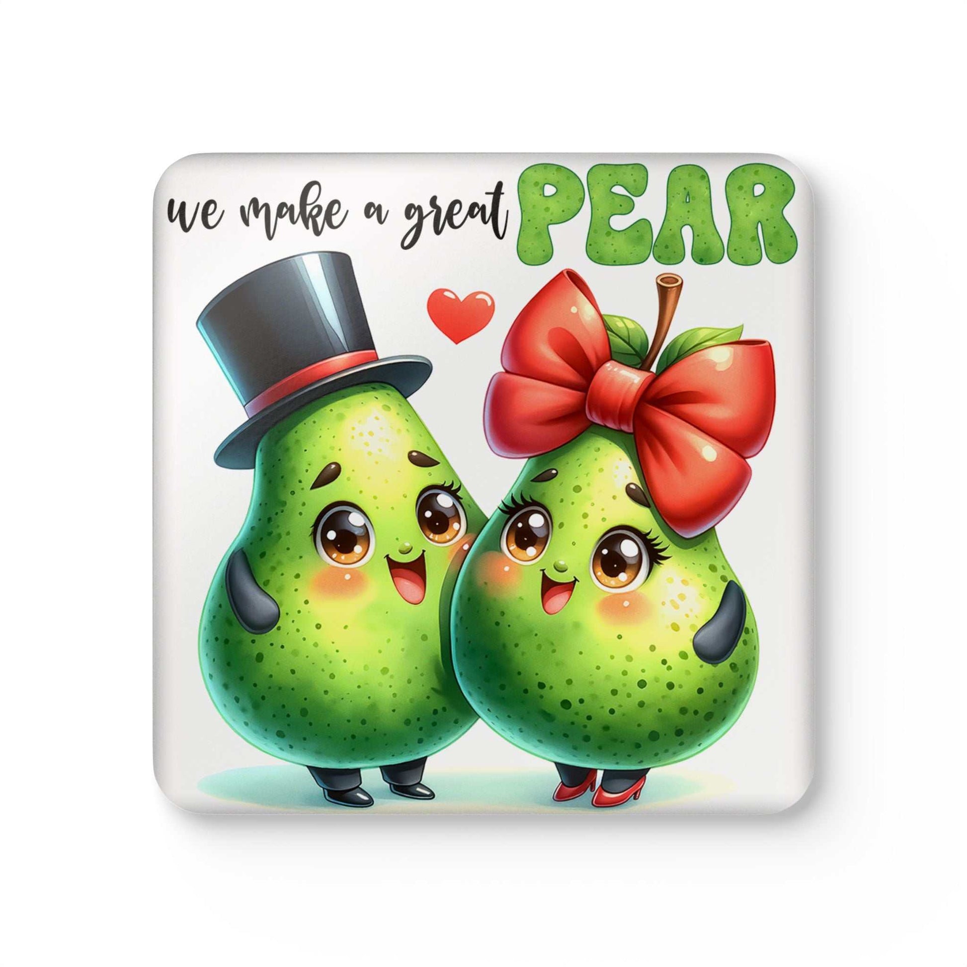 Cute pear-themed coaster set with playful design, featuring pears with a top hat and bow, ideal for protecting surfaces.