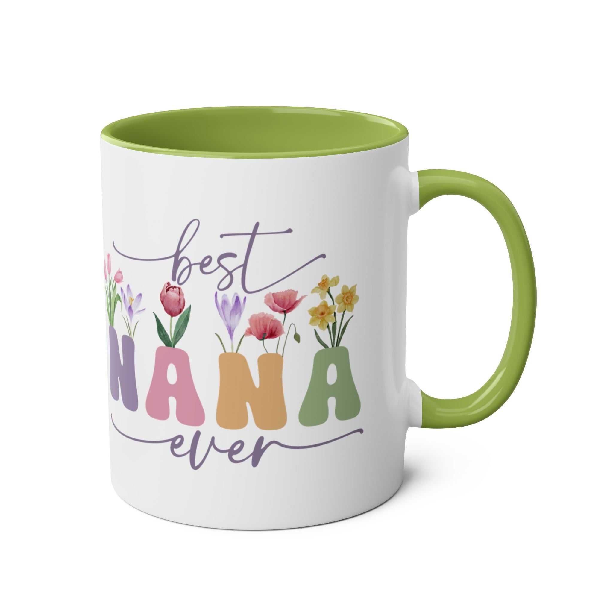 Best Nana Ever Mother's Day gift mug with floral design and green handle.