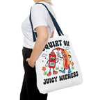 Cheeky Juicy Wieners Fun Tote Bag with hot dog print, durable and reusable tote with colorful handles