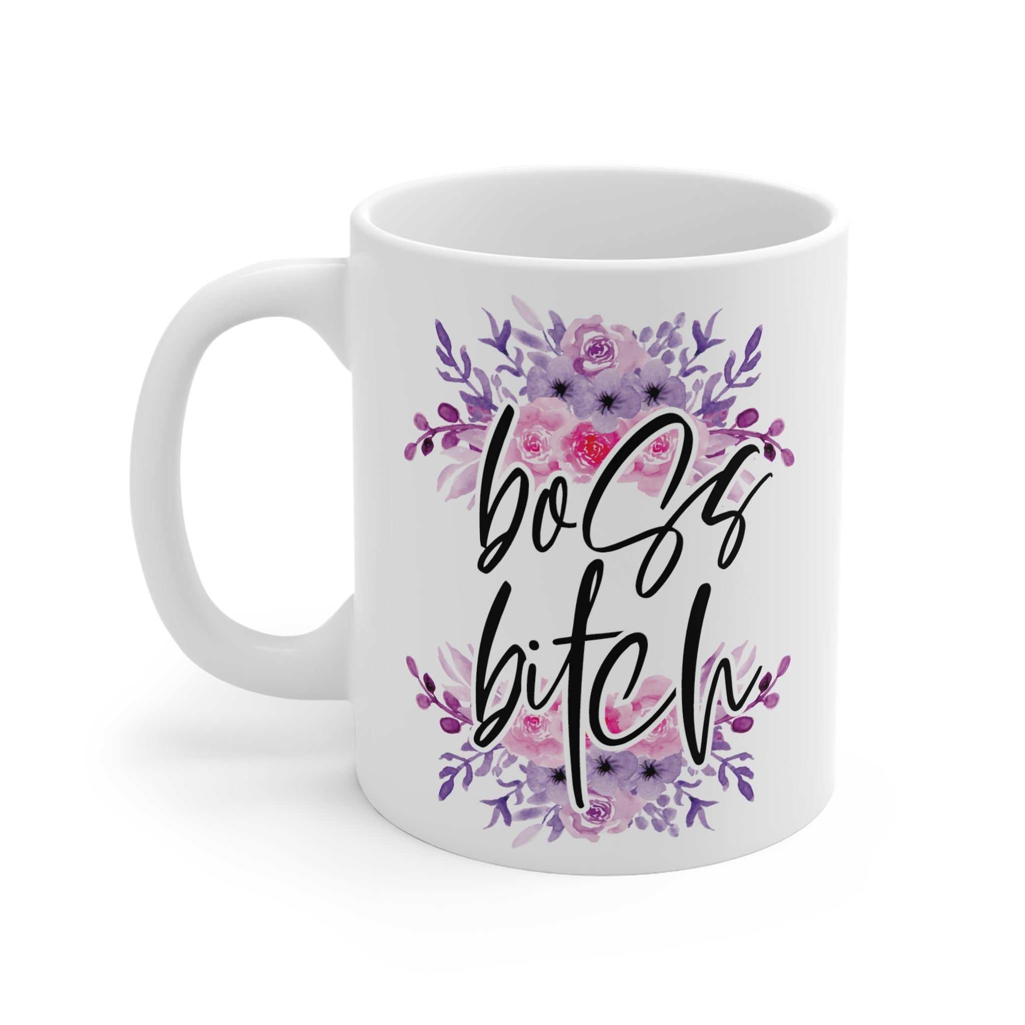 White ceramic coffee mug with "boss bitch" text and purple floral design, 11oz glossy finish, microwave and dishwasher safe.