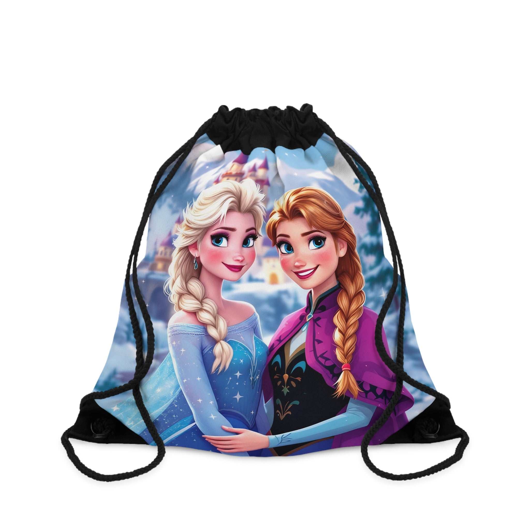 Frozen-inspired drawstring bag with princess design, durable polyester, and spacious interior for kids' school and sports use