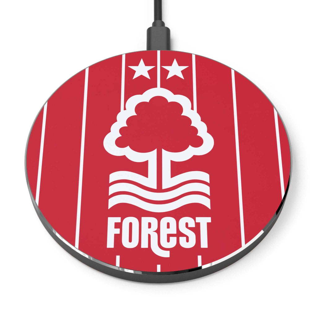 Nottingham Forest FC wireless charger in red with tree crest, 10W fast charging, aluminium casing, compatible with Qi-enabled phones