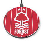 Nottingham Forest FC wireless charger in red with tree crest, 10W fast charging, aluminium casing, compatible with Qi-enabled phones