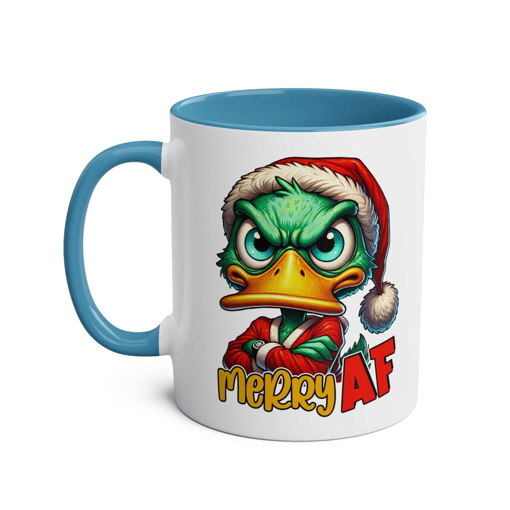 Novelty Christmas mug with a sassy duck wearing a Santa hat, glossy ceramic finish.