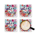 Colorful "Zen As Fuck" coaster set with floral design, featuring high-gloss MDF top and cork backing for non-slip use.