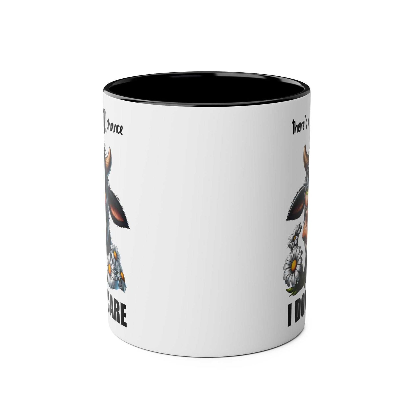 I Dont Care Coffee Mug with sarky cow design, 11oz ceramic, glossy finish, microwave and dishwasher safe.