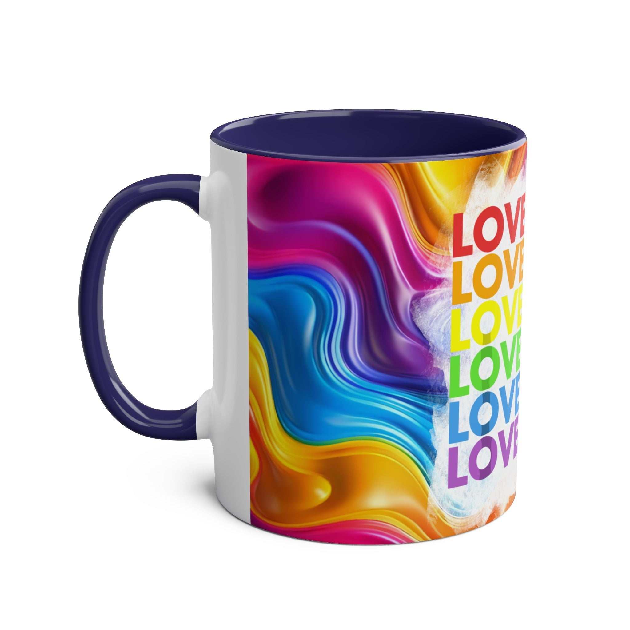 LGBTQ+ Pride mug with vibrant rainbow design, glossy finish, 11oz ceramic.