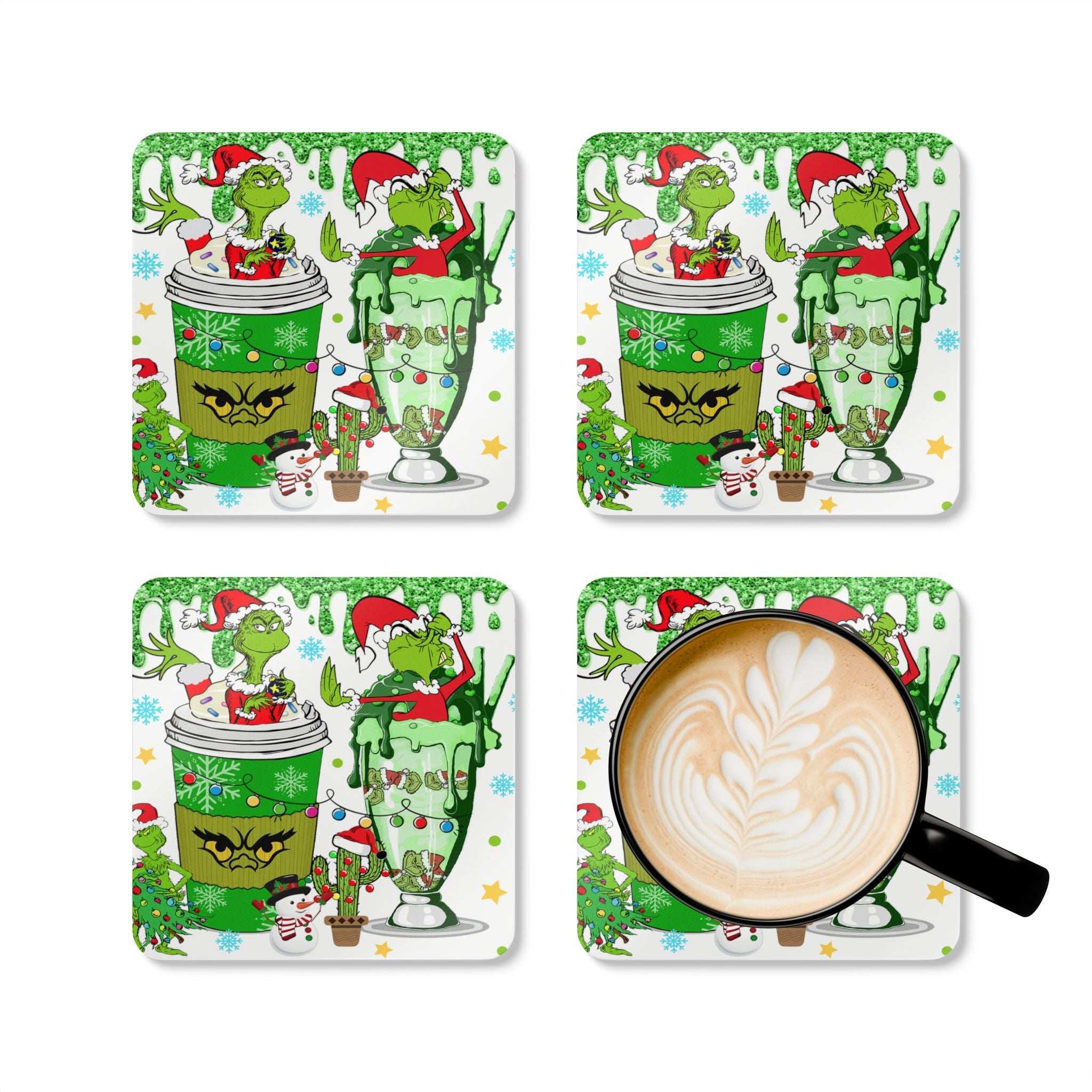 Grinch Fun Christmas coaster set with festive design and heat-resistant features.