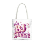 BJ Queen Tote Bag with cheeky design, durable spun polyester, multiple sizes, and colorful handles