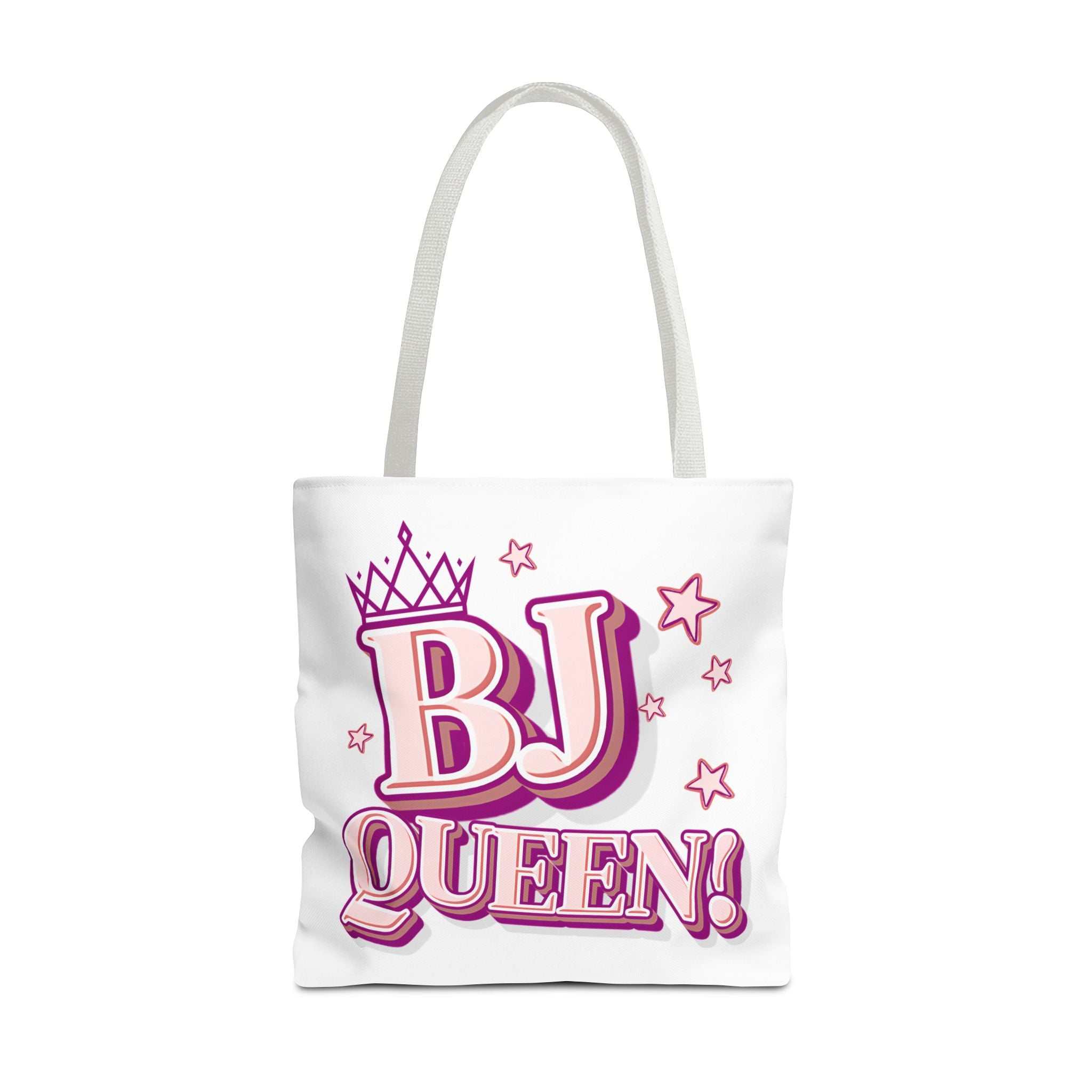 BJ Queen Tote Bag with cheeky design, durable spun polyester, multiple sizes, and colorful handles