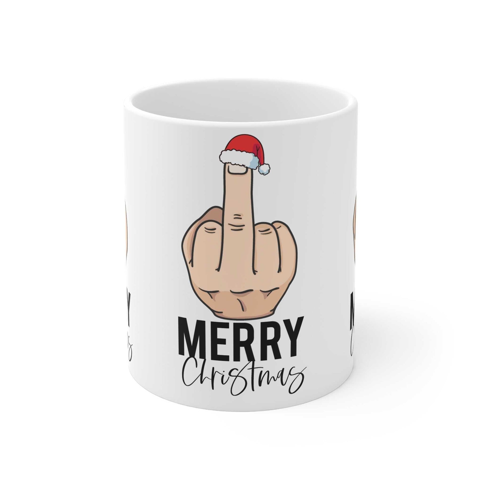 Rude Christmas Mug with cheeky festive middle finger design, 11oz ceramic, microwave and dishwasher safe.