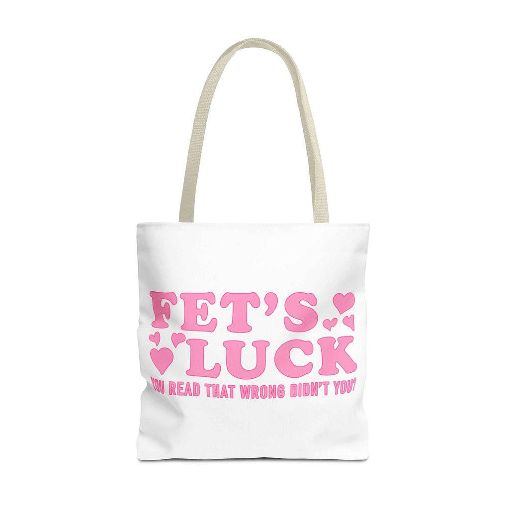 Pink heart tote bag with cheeky fun design and multiple handle color options