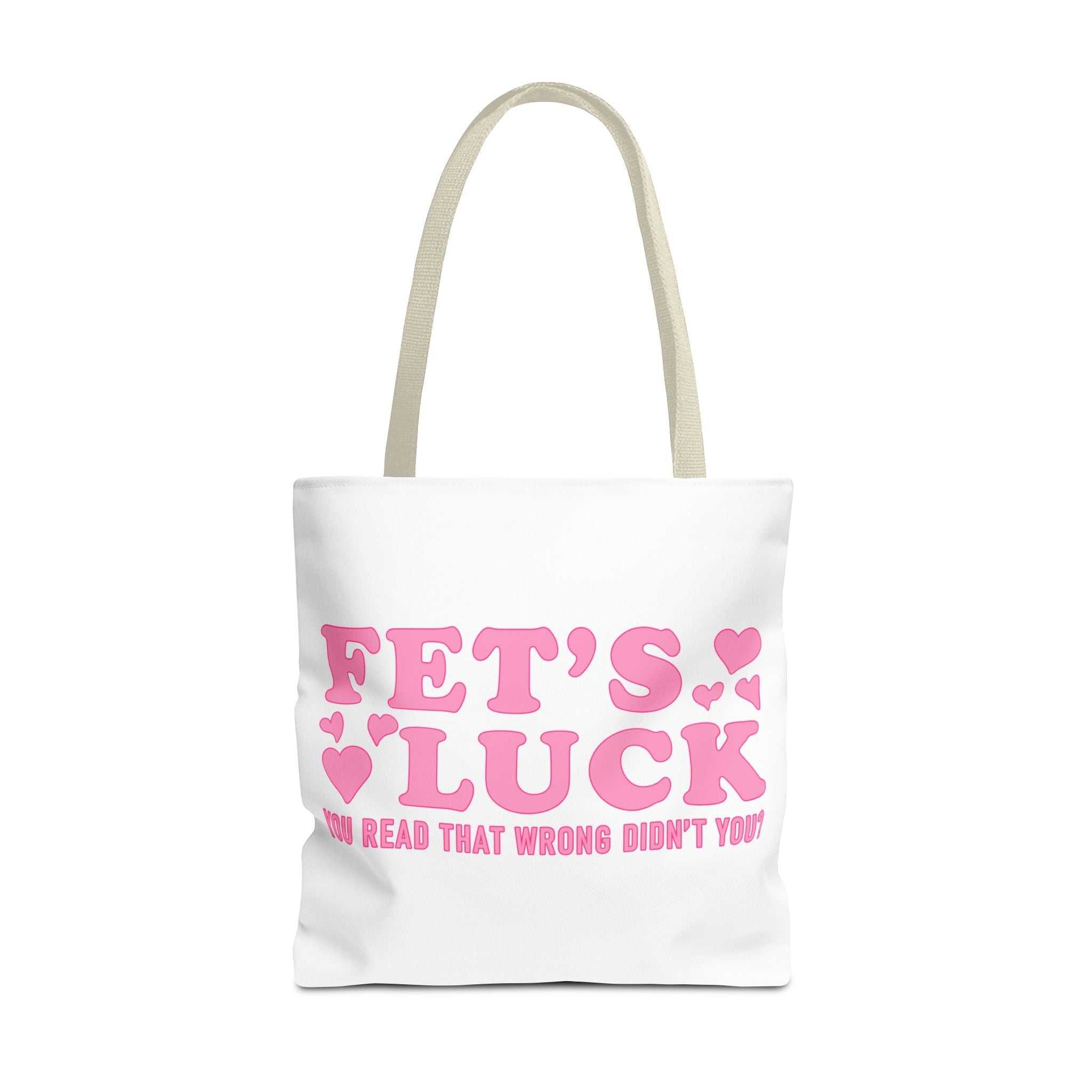 Pink heart tote bag with cheeky fun design and multiple handle color options