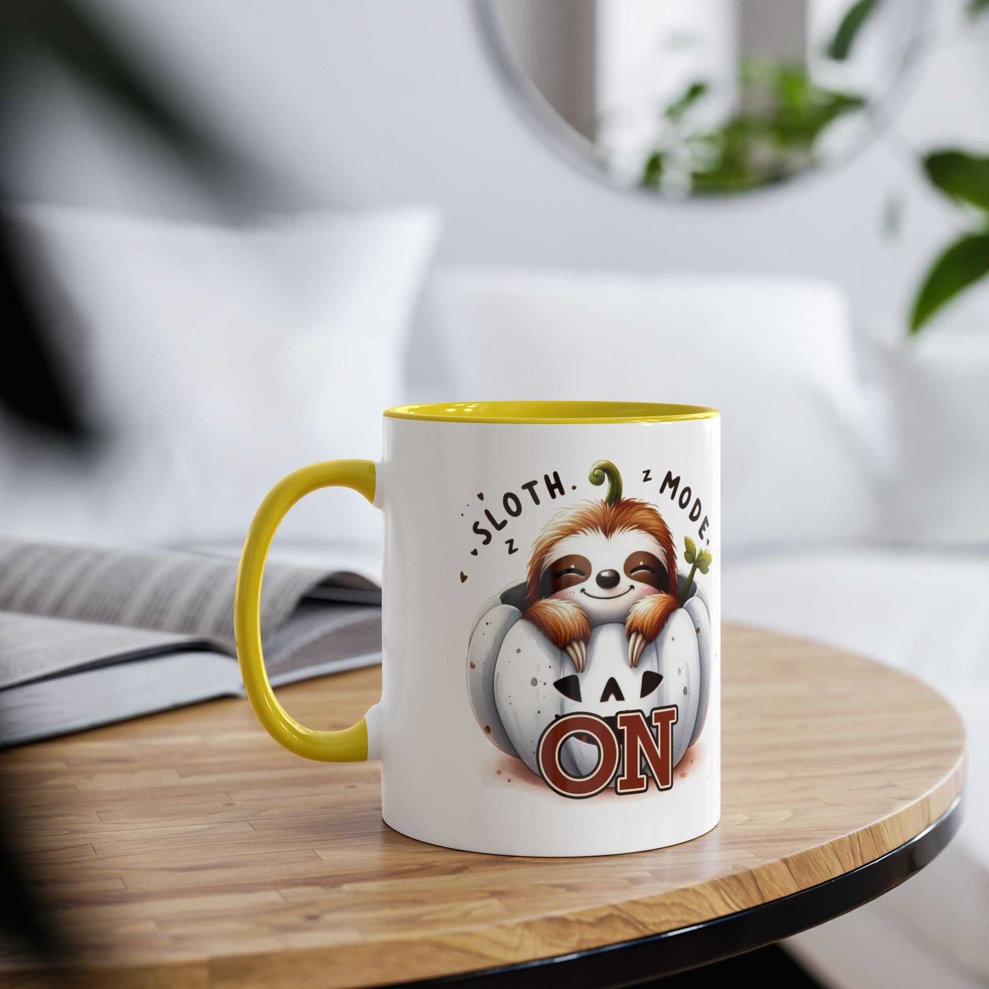 Cute sloth coffee mug with yellow interior, cozy and cheerful design on a wooden table.