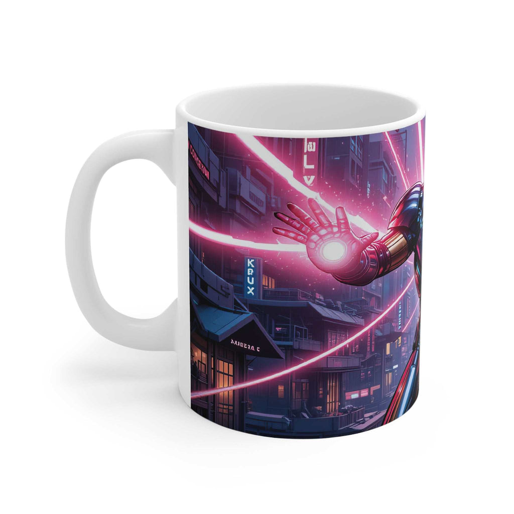 White ceramic Iron Man Action Mug with vibrant superhero design and glossy finish.