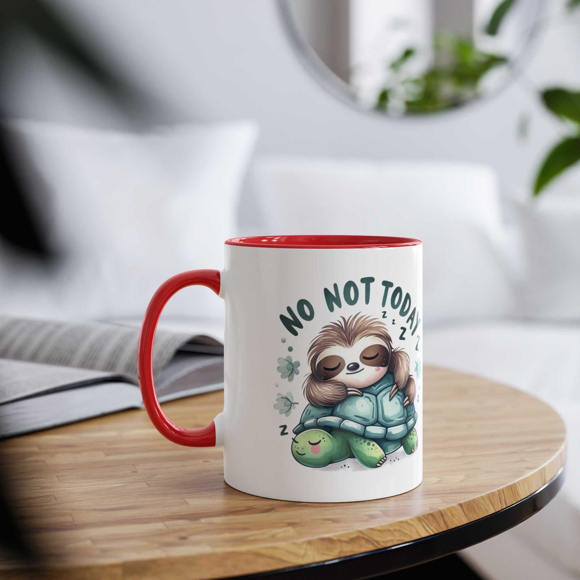 Cute sloth coffee mug with "No Not Today" design, glossy finish, on a wooden table.