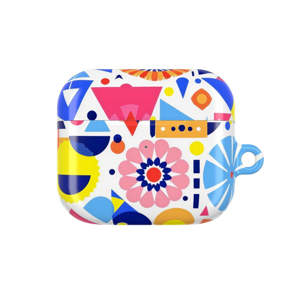 Bright geometric print protective hard shell case for AirPods and AirPods Pro with vibrant colors and glossy finish