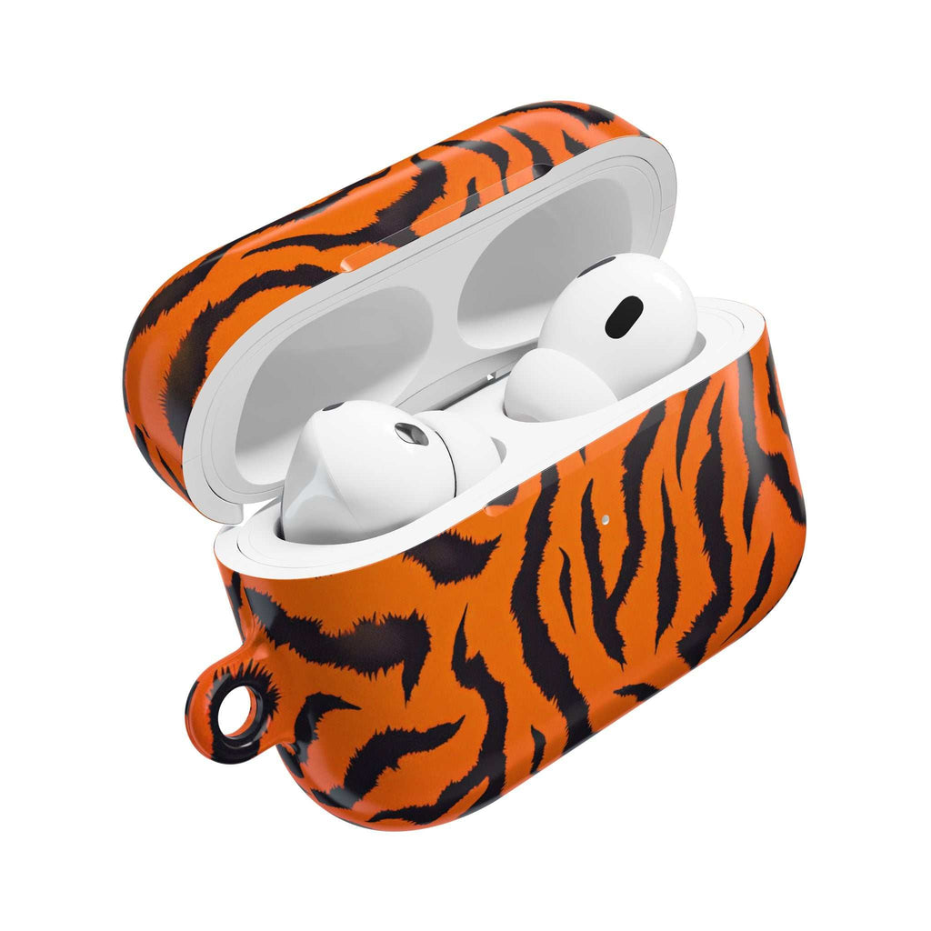 Orange tiger print protective hard shell case for AirPods and AirPods Pro, durable and stylish with glossy finish