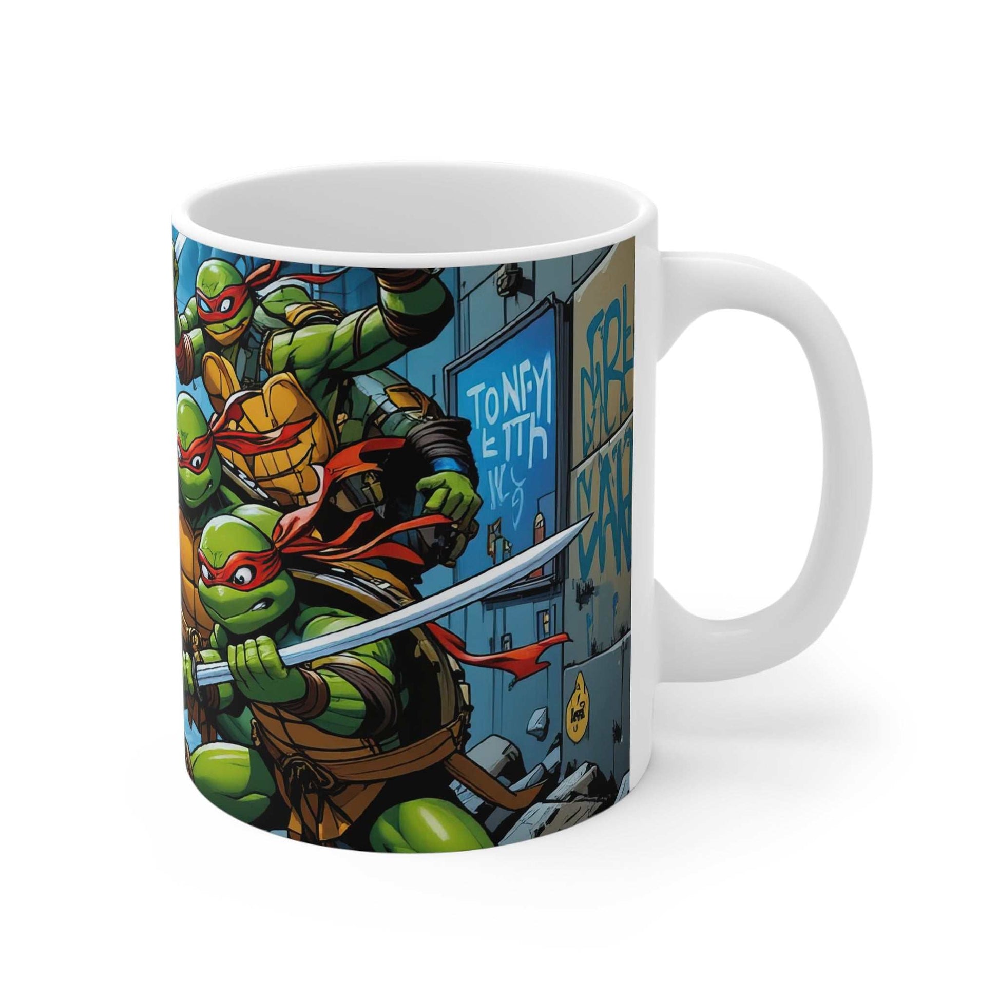Teenage Mutant Ninja Turtles mug with heroes illustration, 11oz ceramic, glossy finish.