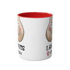 Ceramic mug with "I Am Nuts About You" print, red interior and handle, humorous gift.