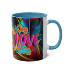 LGBTQ+ Pride mug with vibrant rainbow design, "Joy Love Bliss" text, ceramic, 11oz, glossy finish.
