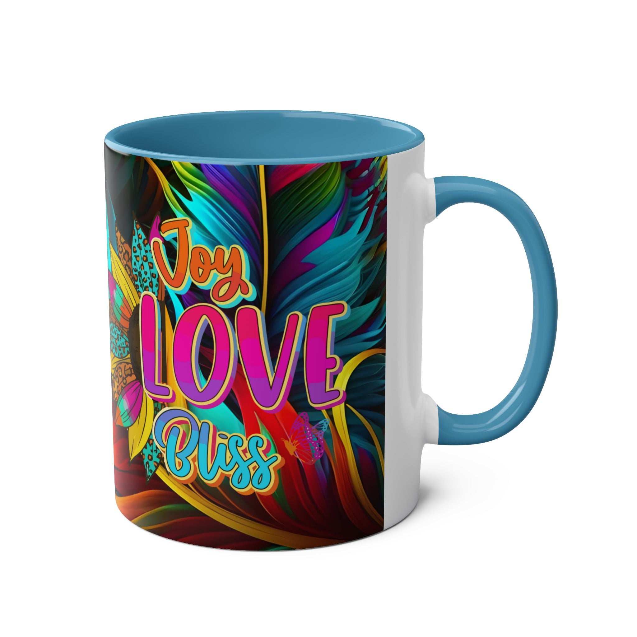 LGBTQ+ Pride mug with vibrant rainbow design, "Joy Love Bliss" text, ceramic, 11oz, glossy finish.