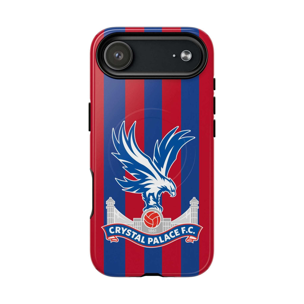 Crystal Palace MagSafe iPhone case with red and blue stripes, club crest, dual-layer protection, and MagSafe compatibility