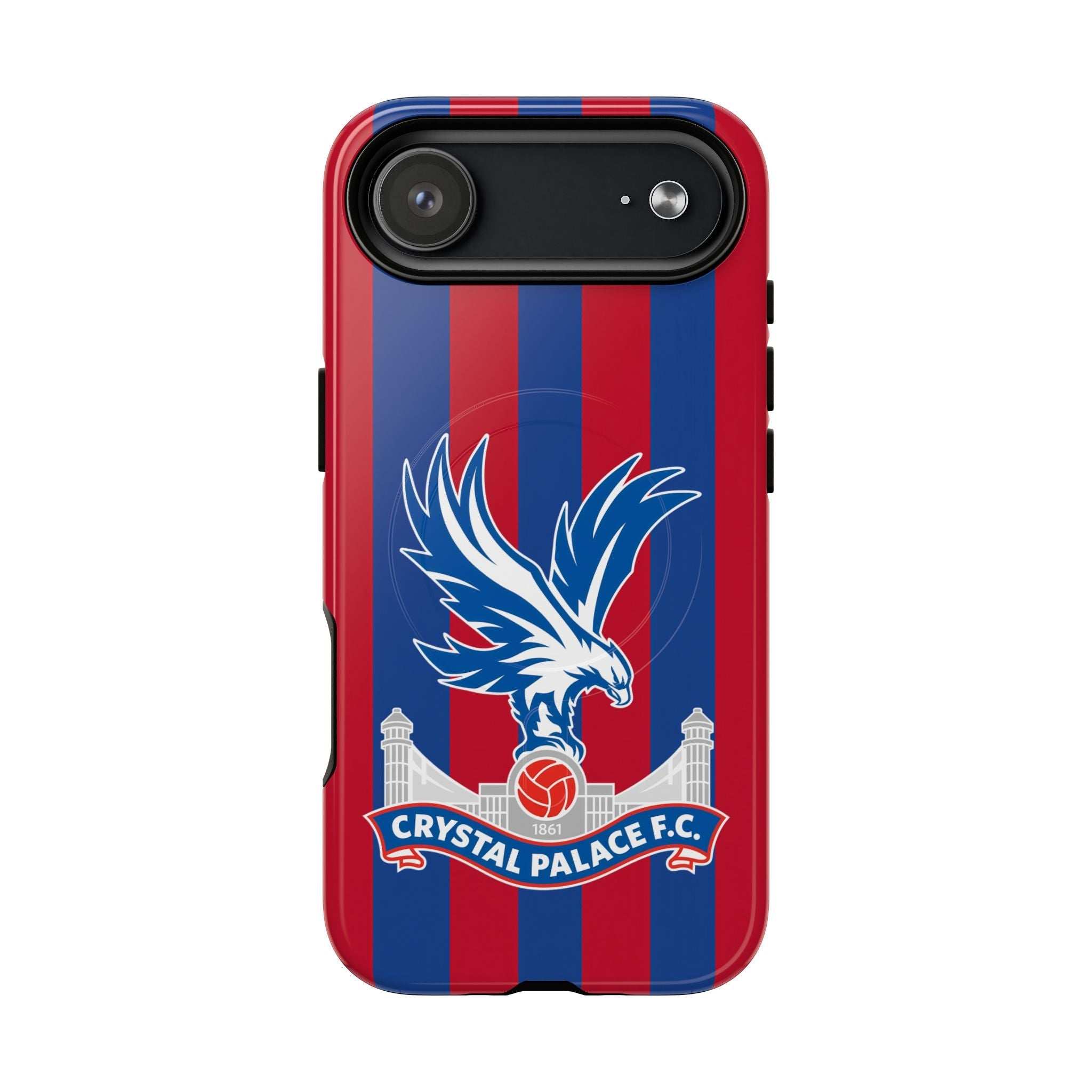 Crystal Palace MagSafe iPhone case with red and blue stripes, club crest, dual-layer protection, and MagSafe compatibility