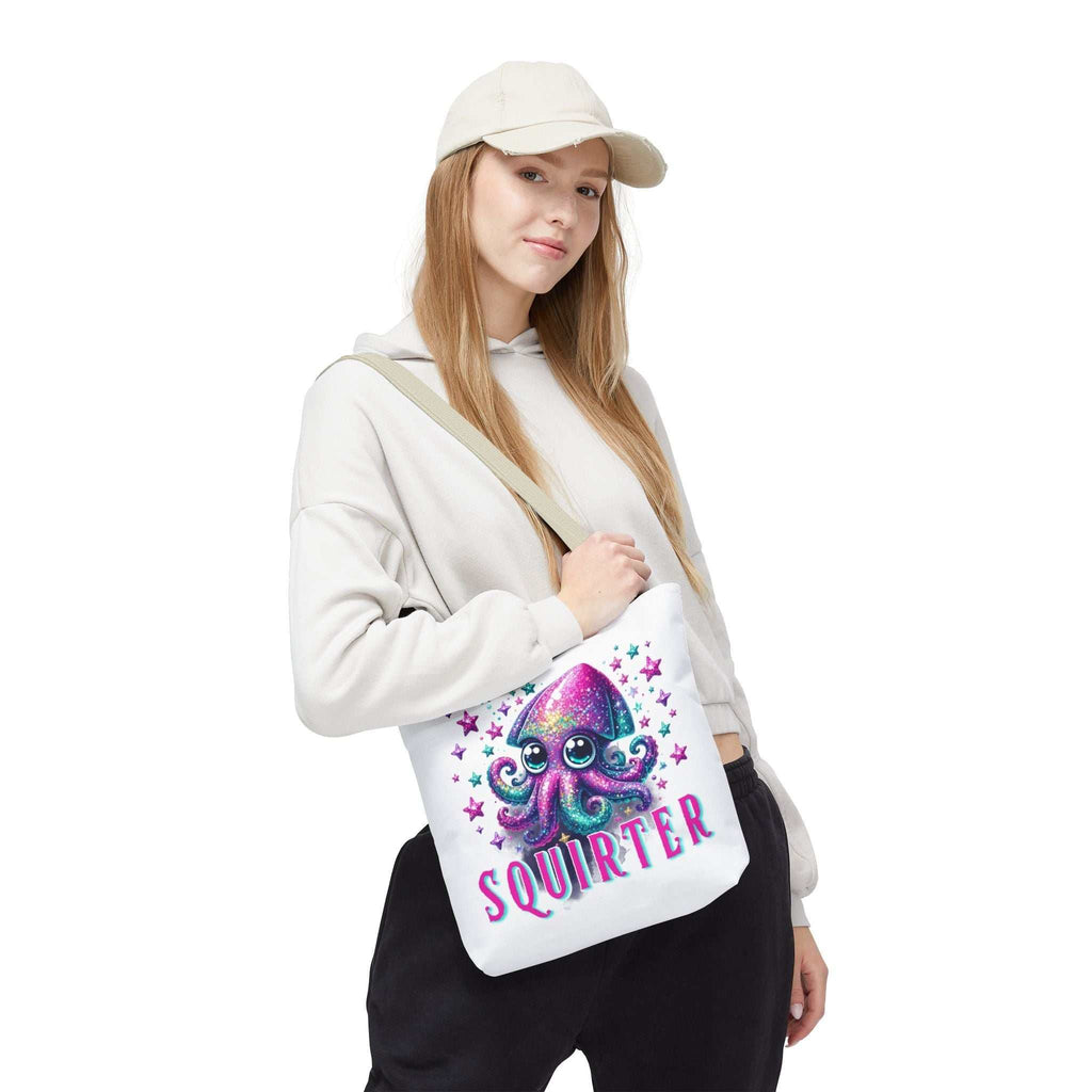 Cheeky Squirter Squid Tote Bag with playful design, durable spun polyester, multiple sizes and handle color options for daily use
