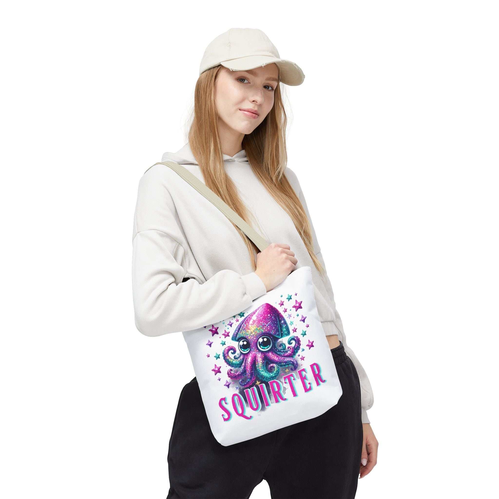 Cheeky Squirter Squid Tote Bag with playful design, durable spun polyester, multiple sizes and handle color options for daily use