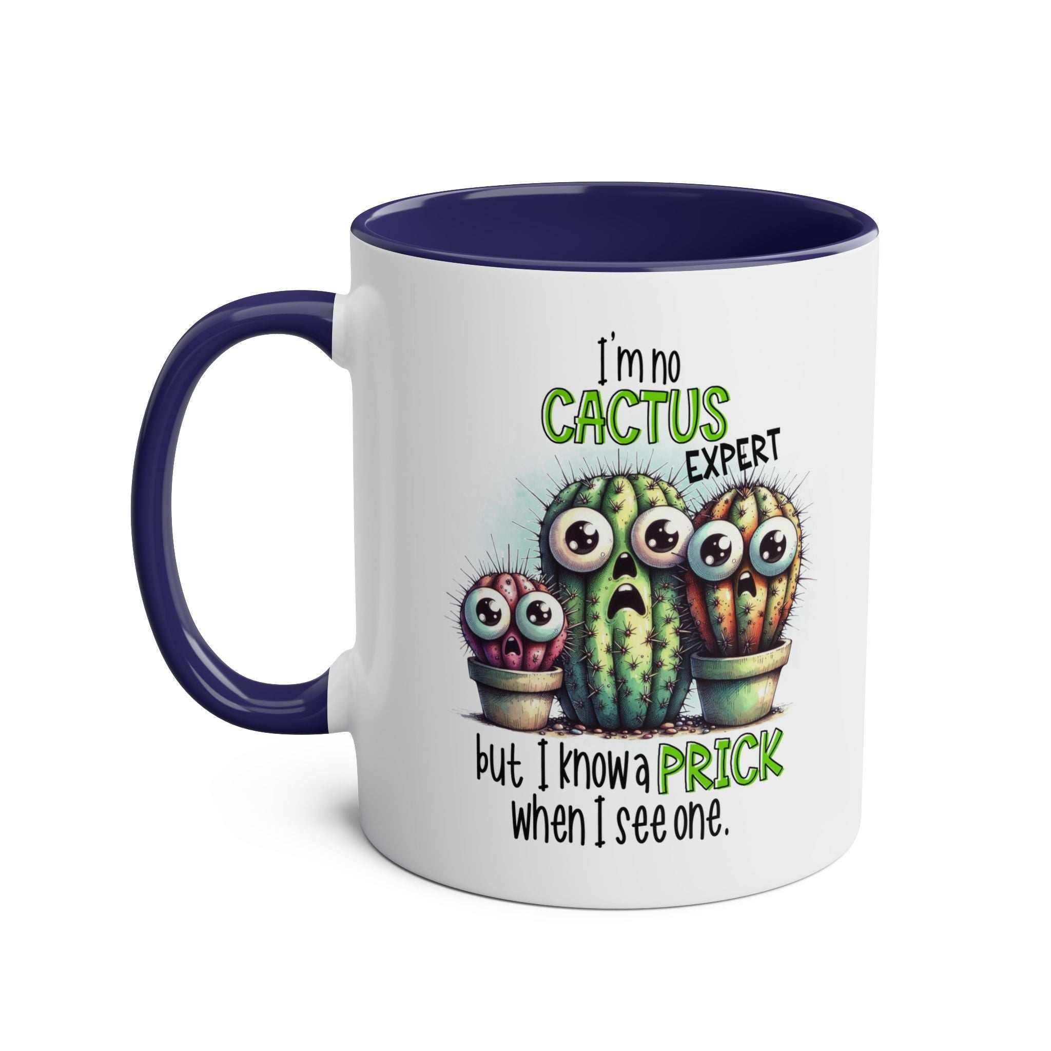 Fun Cactus Expert Coffee Mug with cheeky cactus design and glossy finish in seven colors