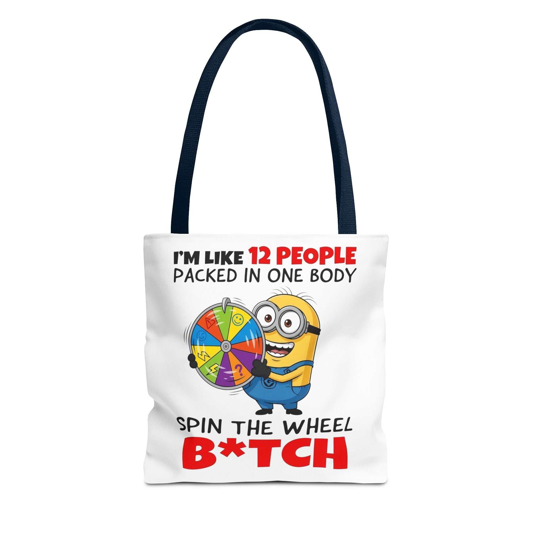 Funny Minion Tote Bag with cheeky design, multiple sizes, and colorful handles, made of durable spun polyester
