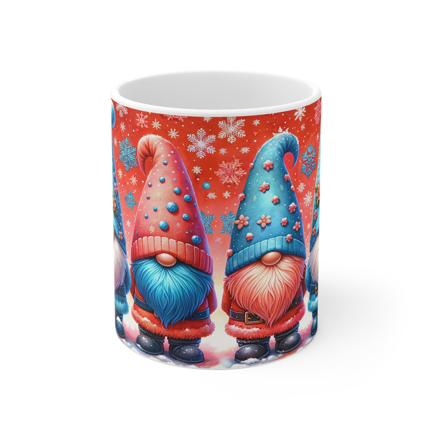 Christmas gnome mug with festive design, 11oz ceramic, glossy finish.