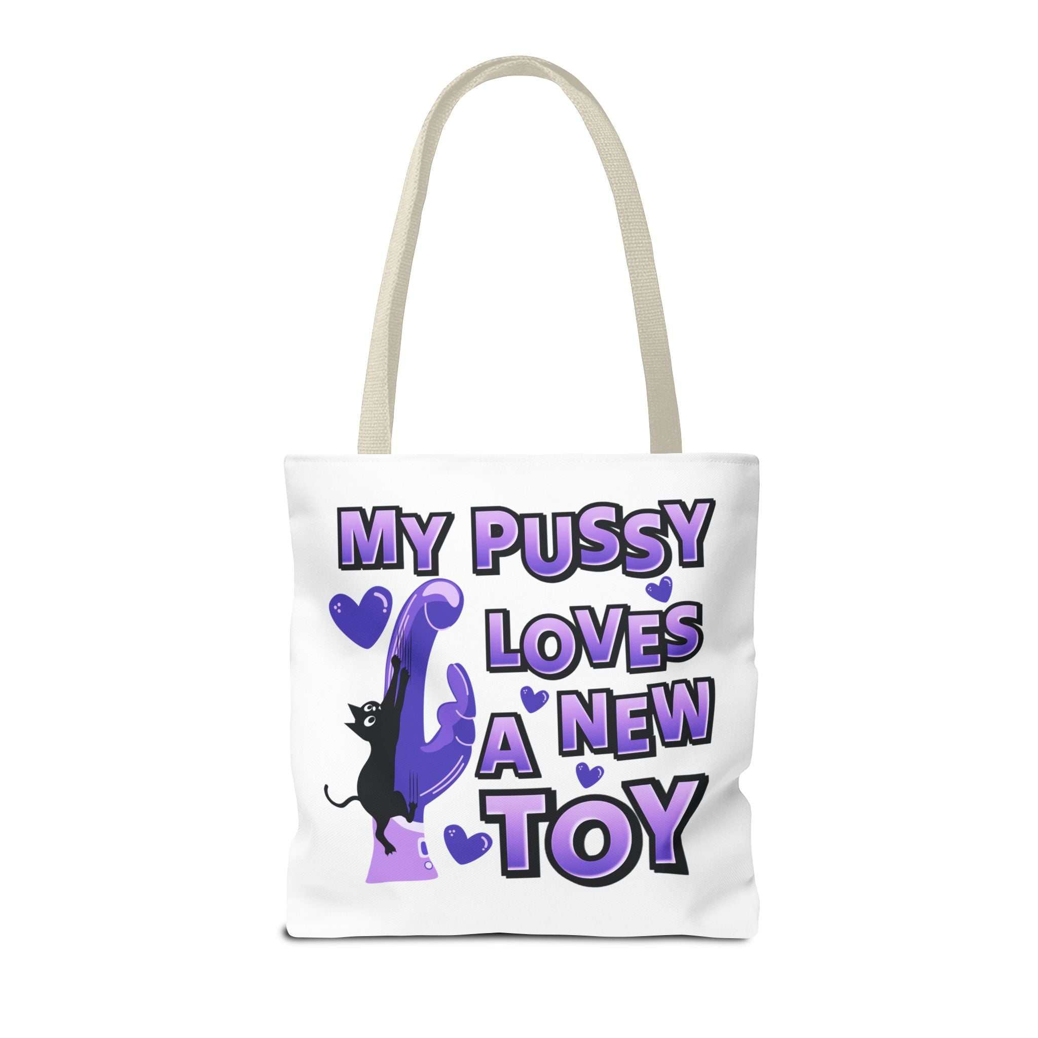 Cheeky fun cat toy tote bag with durable fabric and colorful handles