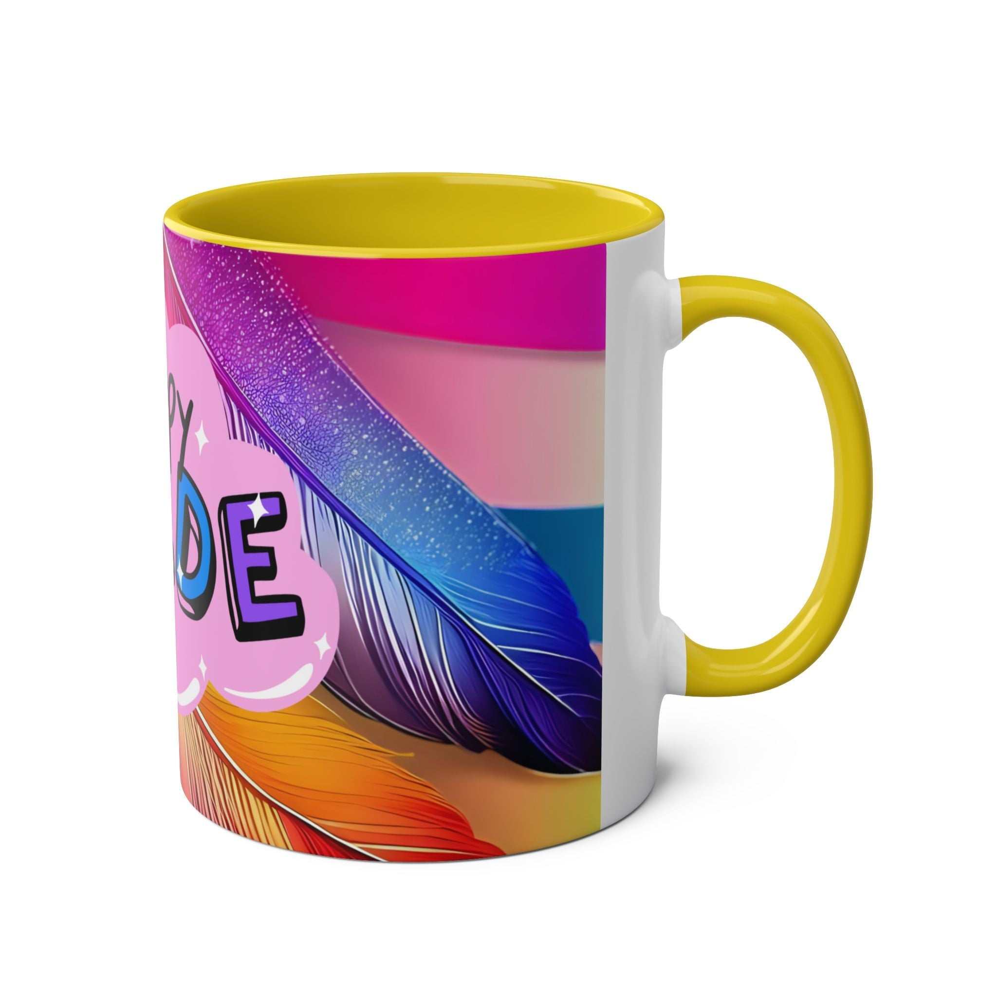 LGBTQ+ Pride Mug with vibrant rainbow design, high-quality ceramic, 11oz, glossy finish.