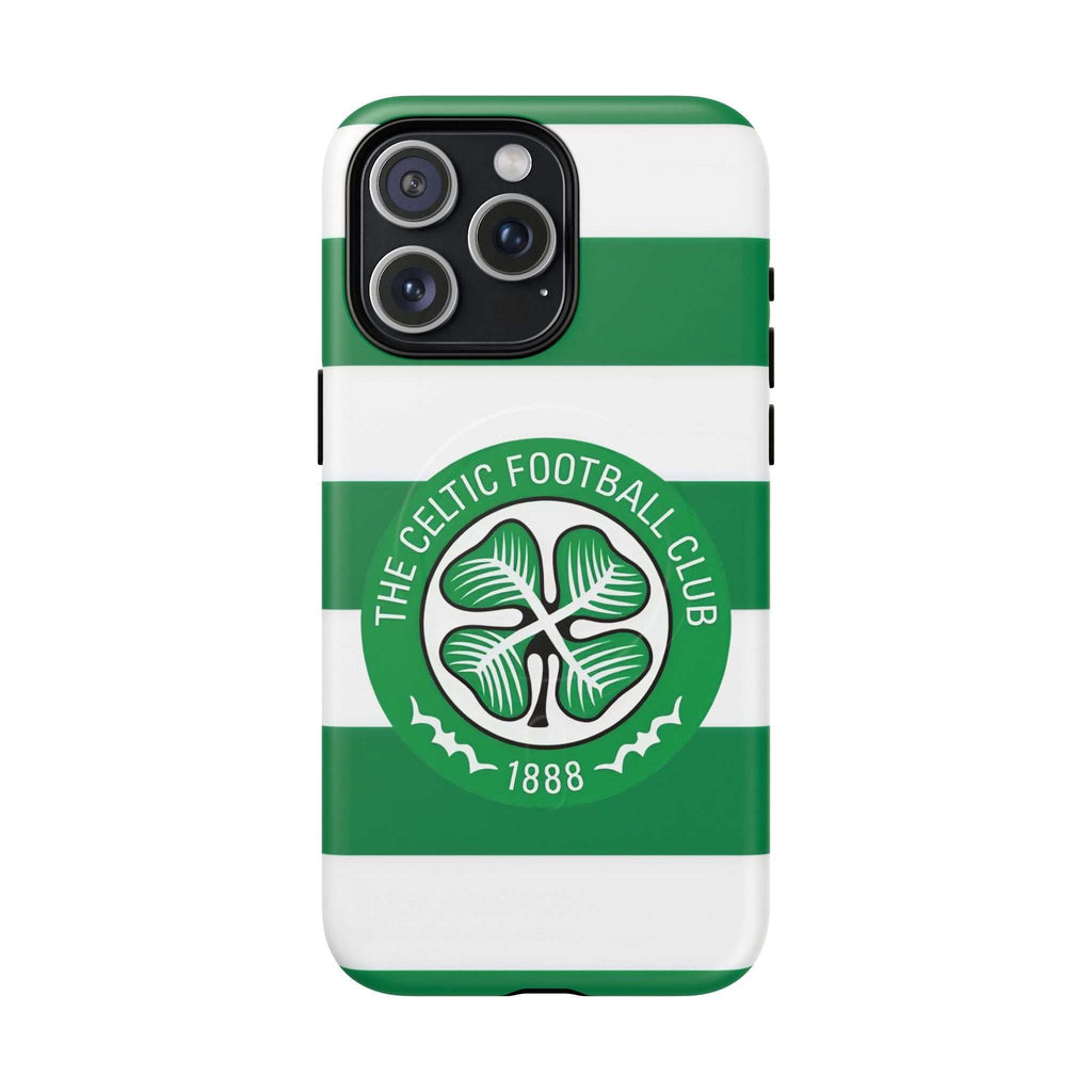 Celtic MagSafe iPhone Case with green and white stripes and Celtic Football Club crest, durable dual layer protection and MagSafe compatibility