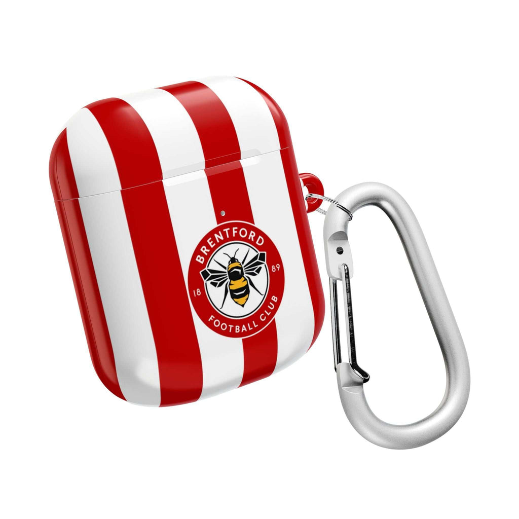 Brentford FC AirPods protective case with red and white stripes, bee crest, shock-resistant and compatible with wireless charging