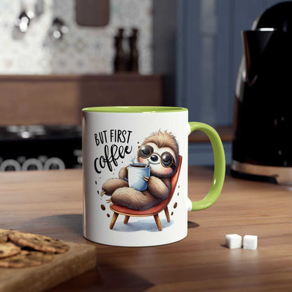 Cute sloth coffee mug with whimsical design in cozy kitchen setting.