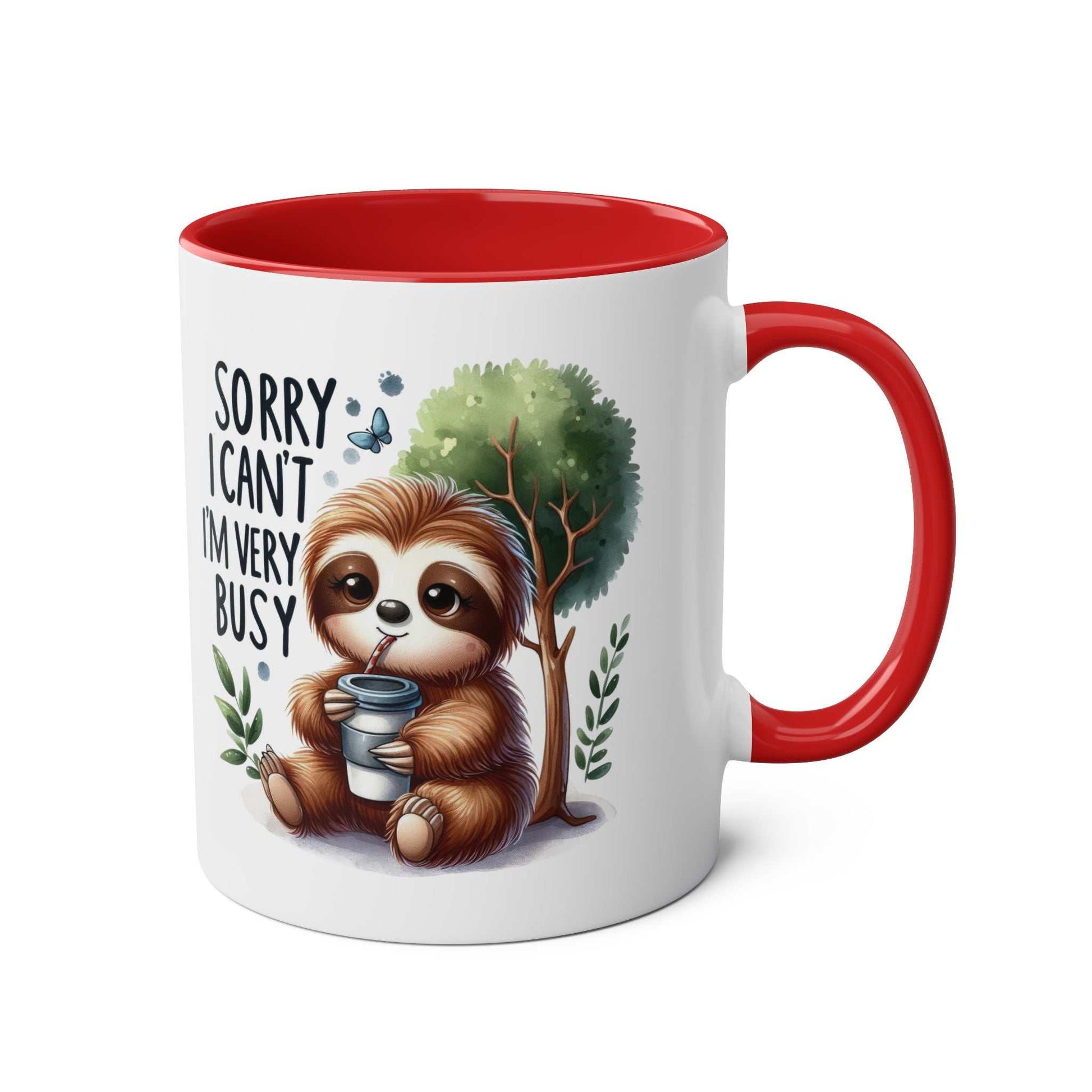 cute sloth coffee mug with colorful design and red interior