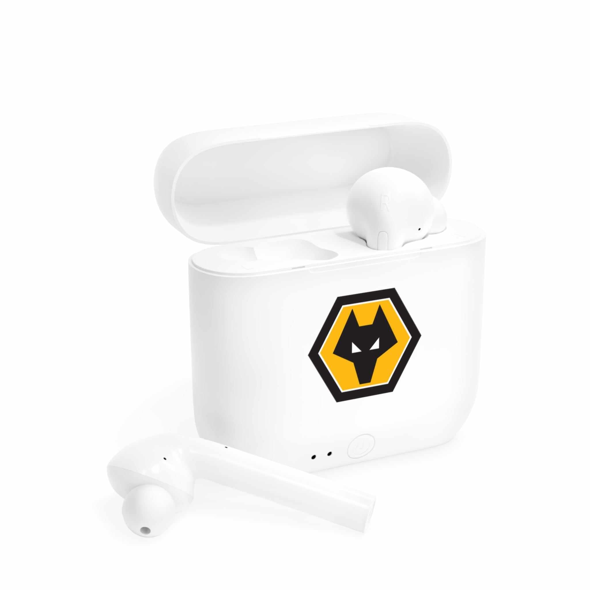 White Wolves Fc wireless earbuds with charging case featuring fan-inspired club crest design