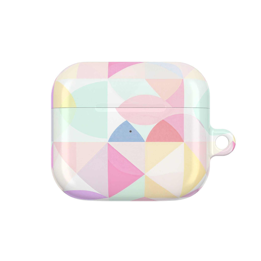 Pastel geometric print protective hard shell case for AirPods and AirPods Pro with glossy finish.