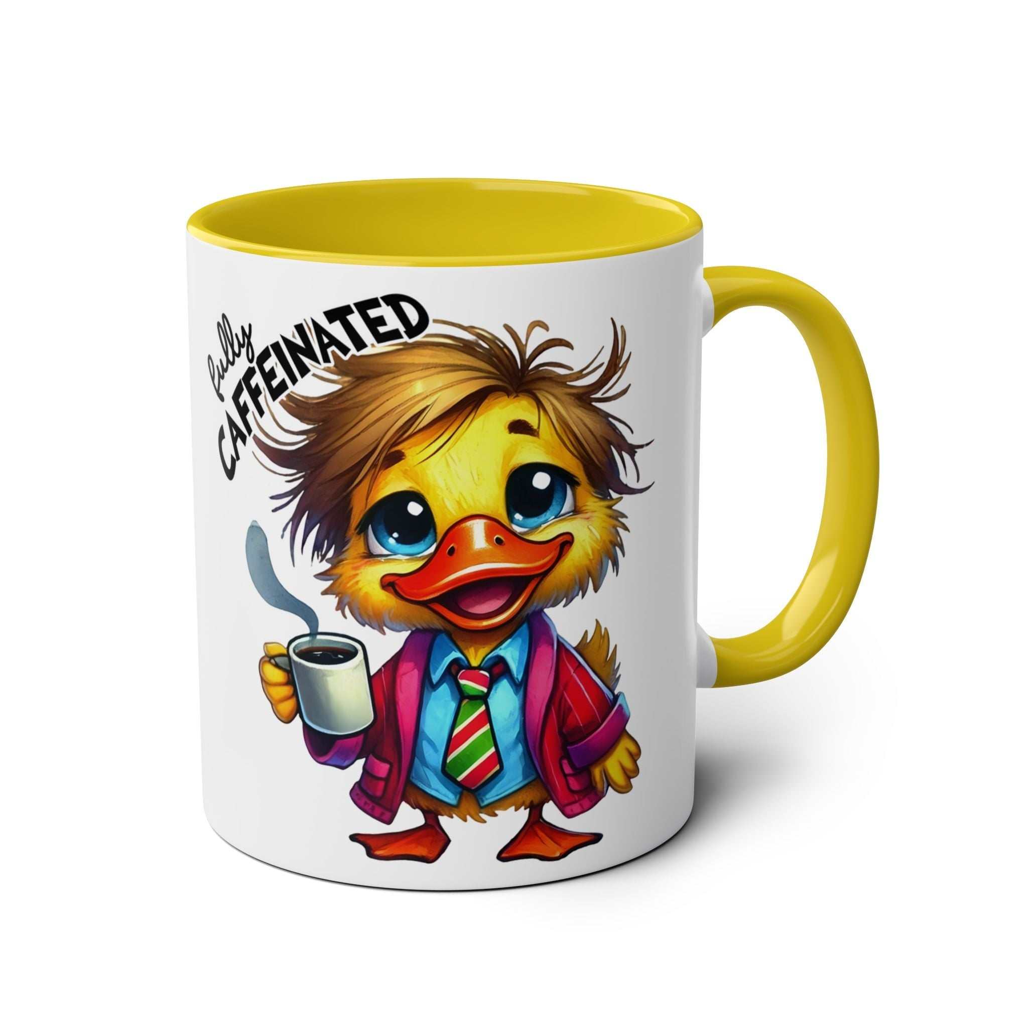 Fun Sarcastic Coffee Mug with colorful duck design and yellow interior, perfect for adding humor to your morning routine.