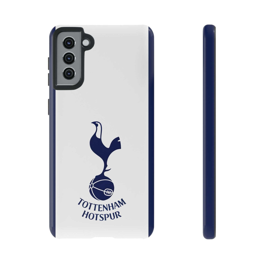 Tottenham FC Magnetic Case for Samsung phone with white and navy colors, dual-layer shock-absorbing protection, and wireless charging compatibility.